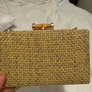 Gold and Tan Woven Clutch with Basket-Weave Texture